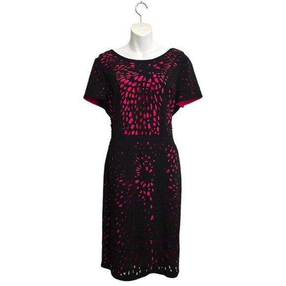 Antonio Melani Black & Pink Laser Cut Short Sleeve Sheath Dress Sz 14 - Picture 1 of 8